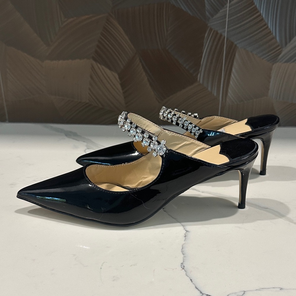 Jimmy Choo Black Patent Leather Mules with Crystal Straps - Picture 7 of 9
